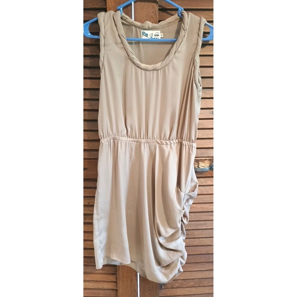 Anthropologie C. Luce Dress Taupe Mini Dress‎ Sz M Rolled Collar Gathered Side